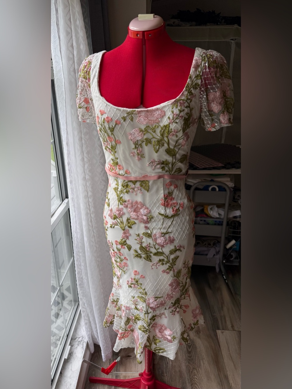 Marchesa Notte Floral Embroidered Puff Sleeve Midi Dress